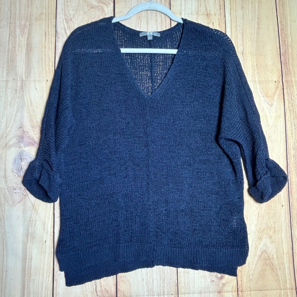 Uniqlo V-Neck Sweater Womens L Navy Blue Open Knit Mesh Oversized Coastal Chic